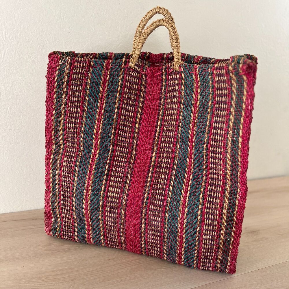 Vintage Mexican Mercado Sisal Large 19"x18" Striped Top Handle Market Tote Bag